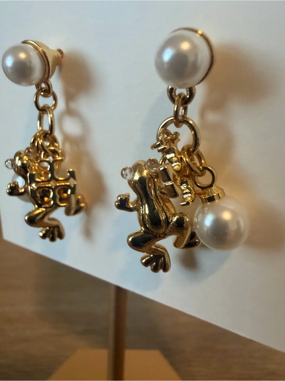 New Tory Burch Gold Frog Charm Pearl Drop Earrings